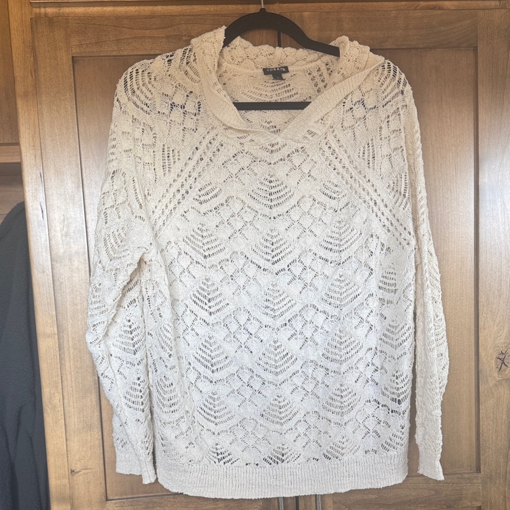 torrid Cream Crochet Knit Hooded V-Neck Sweater